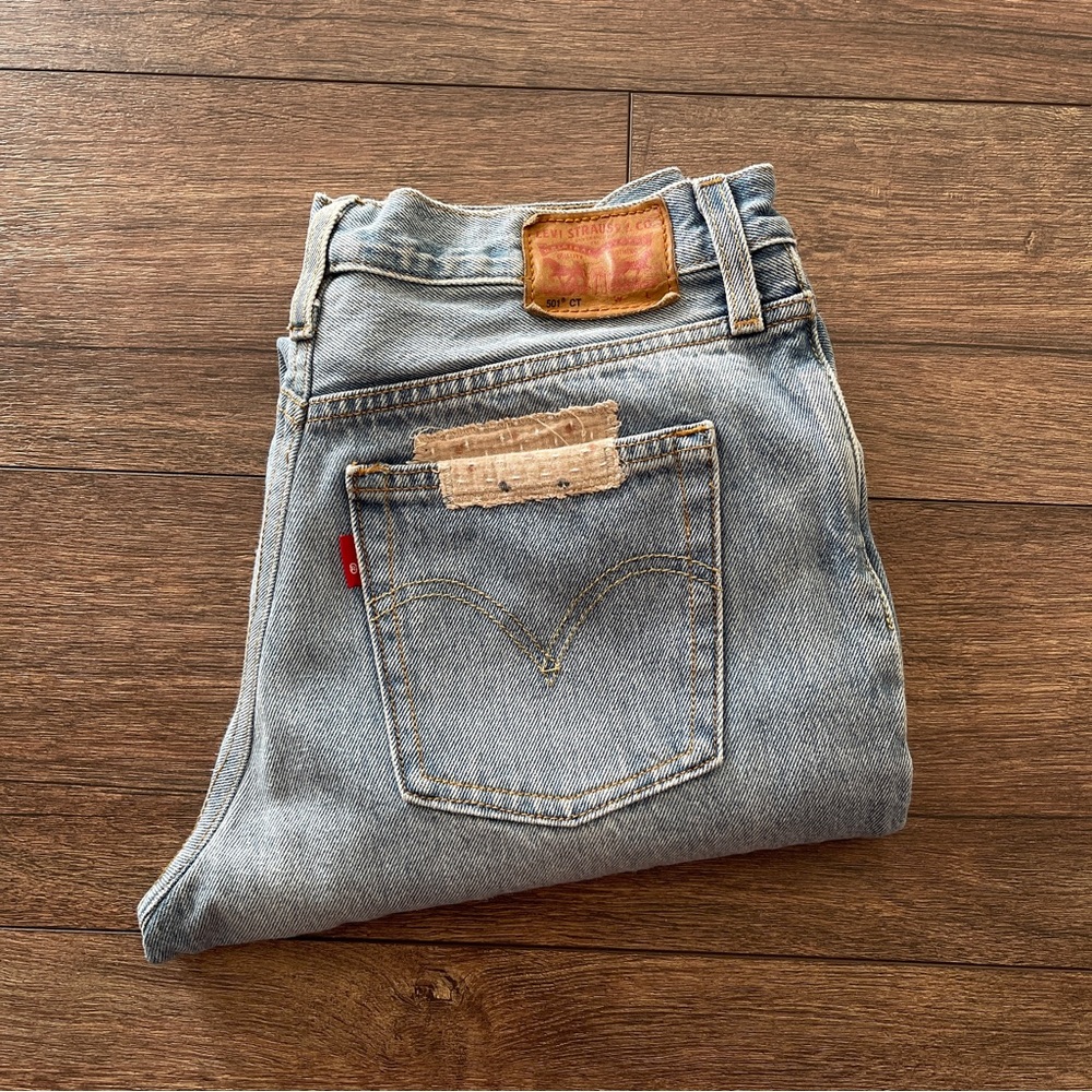 Levi’s 501 CT Tapered Blue Distressed Patchwork Vintage Denim Jeans Size 28